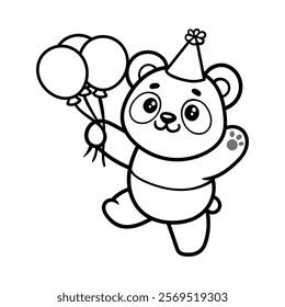 fun cute birthday panda hold balloons cartoon character isolated drawing line style sketch classic vintage design illustration