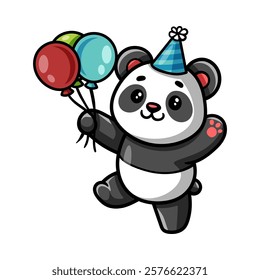 fun cute birthday panda hold balloons colored cartoon character isolated drawing line style sketch classic vintage design illustration