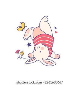 Fun cute bunny, character naughty animal print or sticker. Adorable nursery t shirt print, baby tee design, playful spring of summer decoration.Cartoon rabbit rolled upside down play with butterfly.