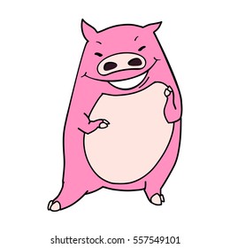 Fun cute cartoon character happy smile pink pig. Isolated on white background. Vector illustration. Sticker.