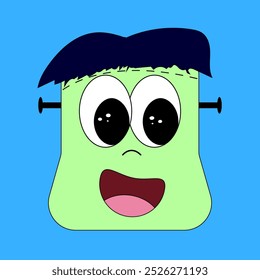 A fun and cute cartoon Frankenstein head vector perfect for Halloween-themed projects, decorations, or childrens designs.