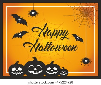 Fun and cute cartoon Halloween post card with pumpkins, spider, bats and web. Happy Halloween greeting card. Halloween vector illustration. Halloween background. Happy Halloween text.