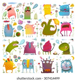 Fun Cute Cartoon Monsters for Kids Design Collection. Vivid fabulous incredible creatures design elements big bundle isolated on white. EPS10 vector has no background color.