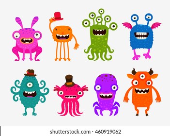 Fun cute cartoon monsters. Set icons vector illustration