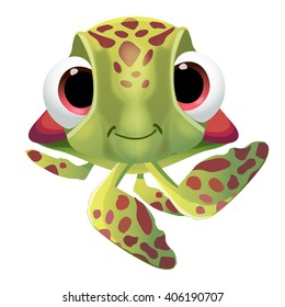 Fun cute cartoon sea turtle character. Vector illustration, isolated, clip-art on a white background