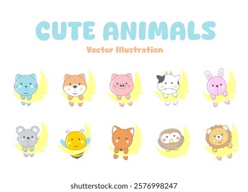 A fun and cute cartoon set of animal characters including a cat, dog, bear, pig, and rabbit, designed in a playful, colorful style perfect for kids and babies