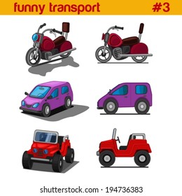 Fun cute cartoon vehicles vector icon set. Bike, car, SUV. Funny transport collection.