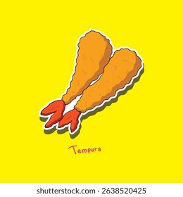 Fun and cute cartoon-style vector of Japanese tempura shrimp, featuring crispy fried texture and bright yellow background. Ideal for menus, food stickers, or kawaii food collections.