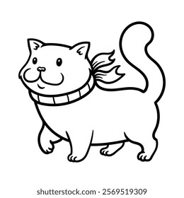 fun cute cat wearing scarf cartoon character isolated drawing line style sketch classic vintage design illustration