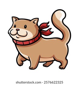 fun cute cat wearing scarf colored cartoon character isolated drawing line style sketch classic vintage design illustration