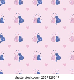 Fun and Cute Cats Seamless Pattern Design with Hearts