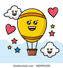 fun cute character of air baloon and cloud cartoon with love and star background vector