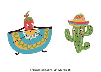 Fun, cute character chilli pepper dancing and cactus in hat. can used for Cinco de Mayo - May 5, federal holiday in Mexico. 