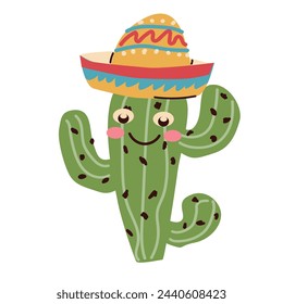 Fun cute character mexican cactus in sombrero - mexican hat. Vector illustration can used for greeting card, sticker, banner. 