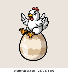 fun cute chicken on big egg cartoon colored character isolated drawing line style sketch classic vintage design illustration