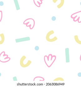 Fun cute children's toy pattern or print for a variety of creative ideas. Cartoon simple geometric abstract shapes of delicate pastel colors on a white background. Everyday universal background