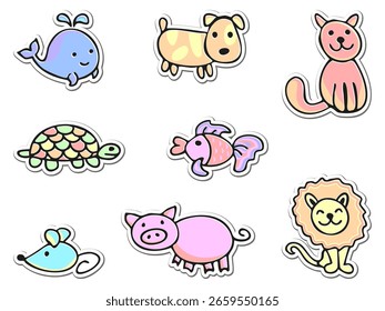 Divertido bonitinho colorido doodles conjunto de crianças animais adesivos. Gato, cão, baleia, tartaruga, peixe, rato, porco, leão. Elementos infantis desenhados à mão. Сelementos de design de estilo de desenho infantil