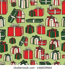 Fun and cute colorful hand drawn Christmas seamless pattern for wrapping paper or coverage print. Various gifts boxes and stars on light green background. 