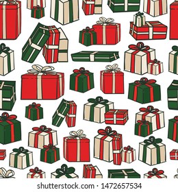 Fun and cute colorful hand drawn Christmas seamless pattern for wrapping paper or coverage print. Various gifts boxes on isolated background. 