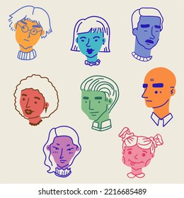 Fun and cute diversity faces doodling