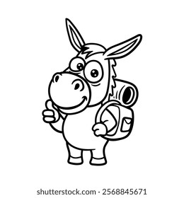 fun cute donkey adventurer explorer cartoon character isolated drawing line art style sketch classic vintage design illustration