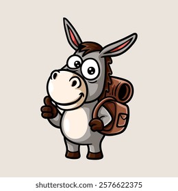 fun cute donkey adventurer explorer colored cartoon character isolated drawing line art style sketch classic vintage design illustration