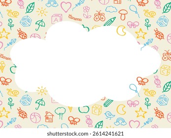 Fun cute frame of kids pattern colorful stickers, icons. Hand drawn doodles sketch children's elements. Сhildren's draw style design elements. Text box