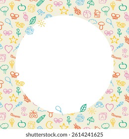 Fun cute frame of kids pattern colorful stickers, icons. Hand drawn doodles sketch children's elements. Сhildren's draw style design elements. Text box