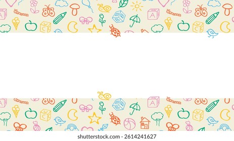 Fun cute frame of kids pattern colorful stickers, icons. Hand drawn doodles sketch children's elements. Сhildren's draw style design elements. Text box