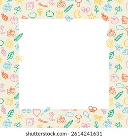 Divertido marco lindo de los niños patrón de pegatinas de colores, iconos. Los garabatos dibujados a mano dibujan los Elementos de los niños. СElementos de diseño del estilo del dibujo de los niños. Cuadro de texto