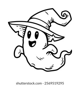 fun cute ghost wizard cartoon character isolated drawing line style sketch classic vintage design illustration