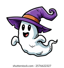 fun cute ghost wizard cartoon colored character isolated drawing line style sketch classic vintage design illustration