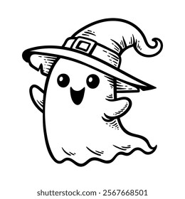 fun cute ghost wizard chibi cartoon character isolated drawing line art style sketch classic vintage design illustration