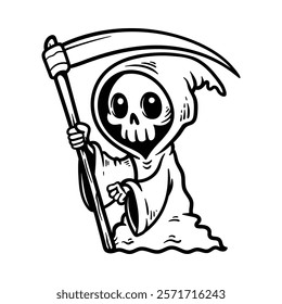 fun cute grim reaper hold scythe cartoon character isolated drawing line style sketch classic vintage design illustration