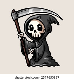 fun cute grim reaper hold scythe cartoon colored character isolated drawing line style sketch classic vintage design illustration