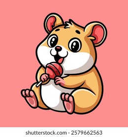 fun cute hamster eating candy cartoon colored character isolated drawing line style sketch classic vintage design illustration