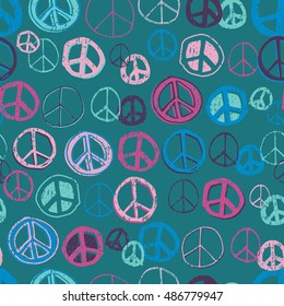 Fun and Cute Hand Doodled Peace Sign Seamless Repeat Background - Neon Colour Palette