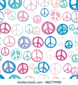 Fun and Cute Hand Doodled Peace Sign Seamless Repeat Background - Neon Colour Palette