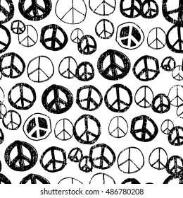 Fun and Cute Hand Doodled Peace Sign Seamless Repeat Background - Black and White Monochromatic Colour Palette