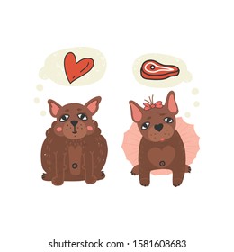 Fun and cute hand drawn fat puppy boy dreaming about love and his girlfriend frenchie in tutu skirt dreams about meat. Different desires in relations concept. Vector illustration on isolated background