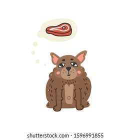Fun and cute hand drawn fat puppy pug dreaming about meat. Vector flat isolated illustration.