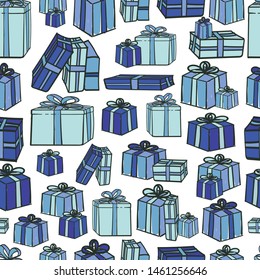 Fun and cute hand drawn seamless pattern for wrapping paper or coverage print. Various blue color tones gifts boxes on isolated background. 