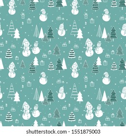 Fun and cute hand drawn snow mans seamless pattern,  winter themed backdrop - great for textiles, wrapping, banners, wallpapers, vector design
