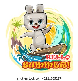 Fun cute Hare goes in for sports on the water. Hello summer. Surf tube. Summer vacation in tropic ocean. Adventure and travel on wave. Isolated on white background. Cartoon style. Vector.