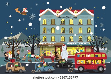 A fun and cute illustration of people coming and going in the Christmas night town