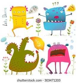 Fun Cute Kind Monsters for Children Design Colorful Collection. Vivid fabulous incredible characters design elements set isolated on white. EPS10 vector has no background color.