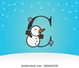 fun and cute letter C snow man decoration with snow flakes winter background