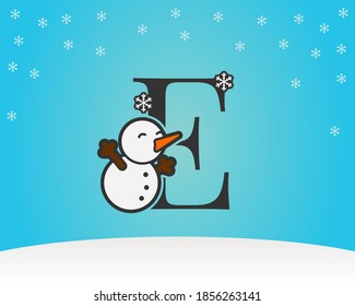 fun and cute letter E snow man decoration with snow flakes winter background