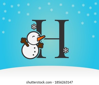 fun and cute letter H snow man decoration with snow flakes winter background