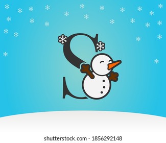 fun and cute letter S snow man decoration with snow flakes winter background